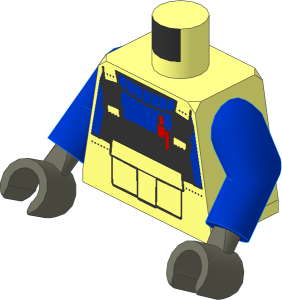 Minifig Torso with Arms and Hands with Overalls with Reflective Stripe and Buckles, Front Pouch and Red Pen Pattern