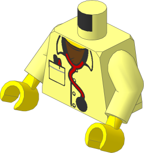Minifig Torso with Arms and Hands with Doctor Coat over Medium Azure Undershirt and Yellow Chest, Stethoscope, Pocket with Pens Pattern