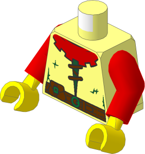 Minifig Torso with Arms and Hands with Red Collar, Belt with Pouch, Metallic Gold Buckles, Laces and Dark Green Stitches Pattern