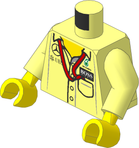 Minifig Torso with Arms and Hands with Boss Shirt with Mercedes Team Logos and Red Ribbon Pattern