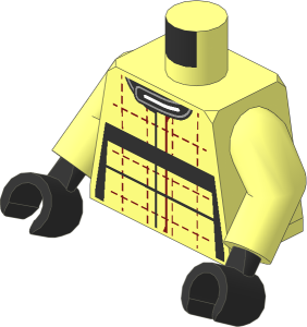 Minifig Torso with Arms and Hands with Race Suit with Porsche Logos, Dark Red Crosses and Dots and Black Stripes Pattern
