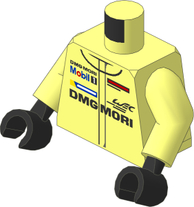 Minifig Torso with Arms and Hands with Race Suit with Porsche Logos, Black and Grey Stripes Pattern