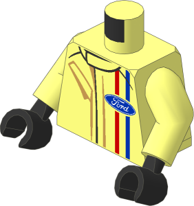 Minifig Torso with Arms and Hands with Race Suit with Ford Logos and Blue and Red Stripes Pattern