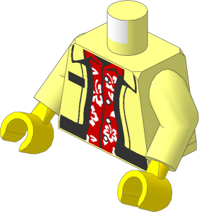 Minifig Torso with Arms and Hands with Jacket Open with Black Hem and Silver Zipper over Red Hawaiian Shirt with Flowers Pattern