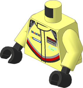 Minifig Torso with Arms and Hands with Race Suit with Porsche Logos and Black, Grey and Red Stripes Type 2 Pattern