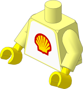 Minifig Torso with Arms and Hands with Shell Logo on White Background Sticker