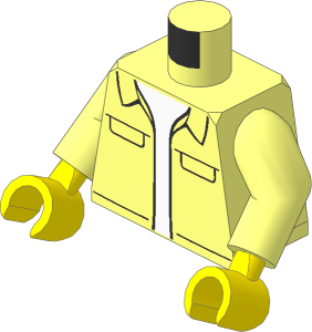Minifig Torso with Arms and Hands with Jacket with Black Outlined Collar and Pockets over White Shirt Pattern