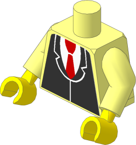 Minifig Torso with Arms and Hands with Black Suit without Buttons and Red Tie Sticker