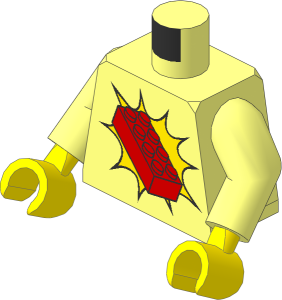 Minifig Torso with Arms and Hands with Red 2 x 4 Brick on Yellow Pattern