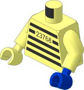 Minifig Torso with Arms and Blue Left Hand with Jail Stripes and "23768" Pattern