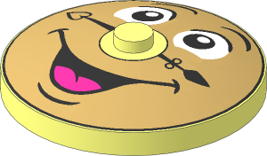 Dish  4 x  4 Inverted with Black Eyebrows and Clock Hands, White Eyes and Open Mouth Smile with Dark Pink Tongue on Tan Background Pattern