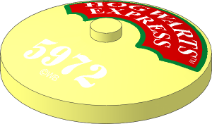 Dish  4 x  4 Inverted with White "HOGWARTS EXPRESS" on Red Background with Metallic Gold Frame and White "5972" and "(C) WB" Pattern