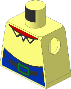 Minifig Torso with High Waist Blue Pants, Gold Buckle, Open Collar and Red Neck Pattern