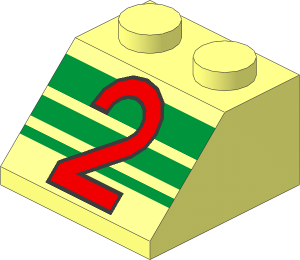 Slope Brick 45  2 x  2 with Red "2" and Green Stripes Pattern