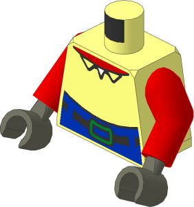 Minifig Torso with Arms and Hands with High Waist Blue Pants, Gold Buckle, Open Collar and Red Neck Pattern