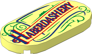 Tile  2 x  4 with Rounded Ends with Dark Blue "HABERDASHERY" and Gold Filigree Pattern