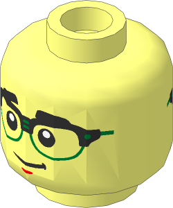 Minifig Head with Eyebrows, Half-Rimmed Glasses, Smirk / Wink with Open Mouth Smile 2-Sided Pattern