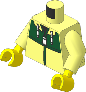 Minifig Torso with Arms and Hands with Jacket with Dark Green Panel with White Zipper and Drawstrings over Black Shirt Pattern
