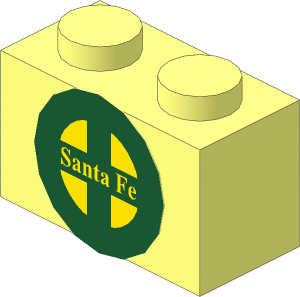 Brick  1 x  2 with Yellow "Santa Fe" in Dark Green Cross and Thick Border Sticker