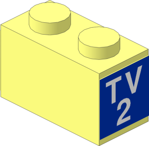 Brick  1 x  2 with White "TV2" on Blue Background Sticker on Both Ends