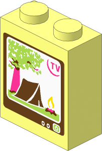Brick  1 x  2 x  2 without Understud with "TV", Tree, Tent and Campfire on Screen Sticker