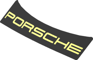 ~Sticker  1.2 x  3.9 with Red "PORSCHE" on Black Background - Upper Faces Formed