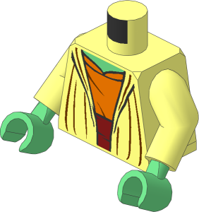 Minifig Torso with Arms and Hands with SW Open Robe with Dark Orange Undershirt, Dark Red Sash, and Sand Green Neck Pattern