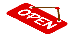 Sticker  1.2 x  1.5 Irregular with White "OPEN" on Red Sign