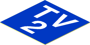 Sticker  1 x  1 with White "TV2" on Blue Background