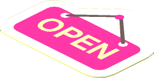 Sticker  1.2 x  1.5 Irregular with Bright Light Orange "OPEN" on Dark Pink Sign