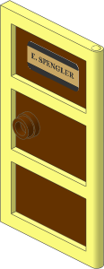 Door  1 x  4 x  6 with 3 Panes and Stud Handle with ReddishBrown Glass with "E. SPENGLER" and Black and Tan Stripes Sticker