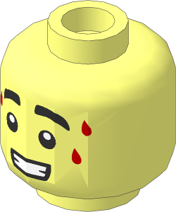 Minifig Head with Black Thick Eyebrows, 3 Bright Light Blue Sweat Drops and Open Mouth with Teeth Pattern