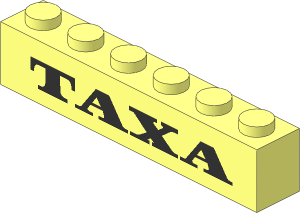 Brick  1 x  6 without Centre Studs with Black Thick "TAXA" Pattern