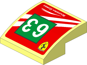Slope Brick Curved  2 x  2 x  0.667 with Ferrari Logo and White 63 on Green Square and White Stripes on Red Background Left Sticker