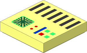 Tile  2 x  2 with Computer Panel with Dark Green Screen, Bright Green, Red, and Blue Buttons and Black Grille Lines Pattern