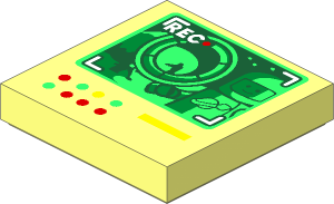 Tile  2 x  2 with Dark Green Screen with "REC", Classic Space Minifigure, Red, Bright Green and Yellow Lights and Line Pattern