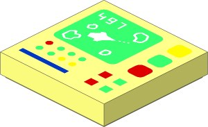 Tile  2 x  2 with "497" and Galaxy Explorer on Control Screen, Red, Bright Green, Yellow and Blue Buttons, Lights, and Line Pattern