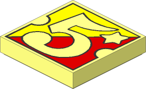 Tile  2 x  2 with Fabuland "5" on Yellow and Red Background Pattern