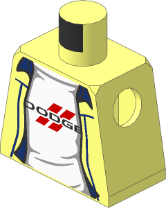 Minifig Torso with Black Dodge Logo on White T-Shirt under Shirt with Blue Details Pattern