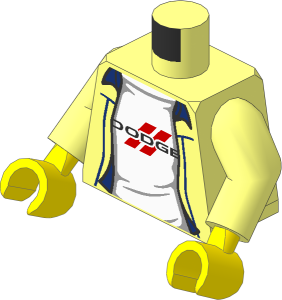 Minifig Torso with Arms and Hands with Black Dodge Logo on White T-Shirt under Shirt with Blue Details Pattern