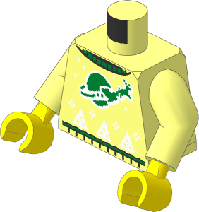 Minifig Torso with Arms and Hands with Holiday Sweater, Green Collar and Reindeer Sleigh, Gold Classic Space Moon, White Snowflakes and Christmas Trees Pattern