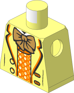 Minifig Torso with Suit Jacket Open with Metallic Pink Trim and Shirt with Frills, White Collar and Dark Tan Bow Tie Pattern