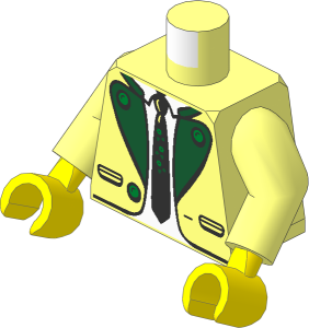 Minifig Torso with Arms and Hands with Suit Jacket Open with Pockets and Gold Buttons, Dark Green Lapels, White Shirt and Black Tie Pattern