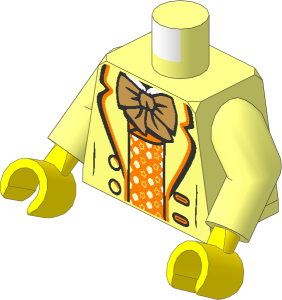 Minifig Torso with Arms and Hands with Suit Jacket Open with Metallic Pink Trim and Shirt with Frills, White Collar and Dark Tan Bow Tie Pattern