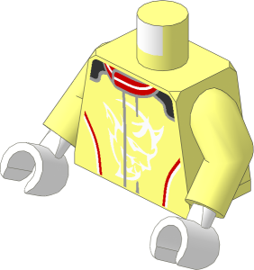 Minifig Torso with Arms and White Hands with Racing Suit with Demon Logos and Red, Silver and White Stripes Pattern