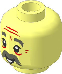 Minifig Head with Dark Bluish Gray Bushy Eyebrows and Thick Moustache, Grin / Open Mouth Smile  2-Sided Pattern