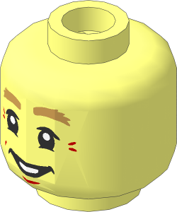Minifig Head with Dark Tan Bushy Eyebrows, Medium Nougat Chin Dimple, Lopsided Grin / Crow's Feet and Open Mouth Smile  2-Sided Pattern