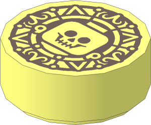 Tile  1 x  1 Round with Dark Brown Aztec Coin with Skeleton Head Pattern