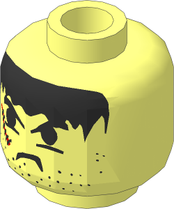 Minifig Head with Black Hair, Snarl, Stubble, and Scar Right Pattern