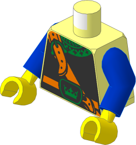 Minifig Torso with Blue Arms and Yellow Hands with Scale Armour, Crown on Buckle and Chest Strap Pattern